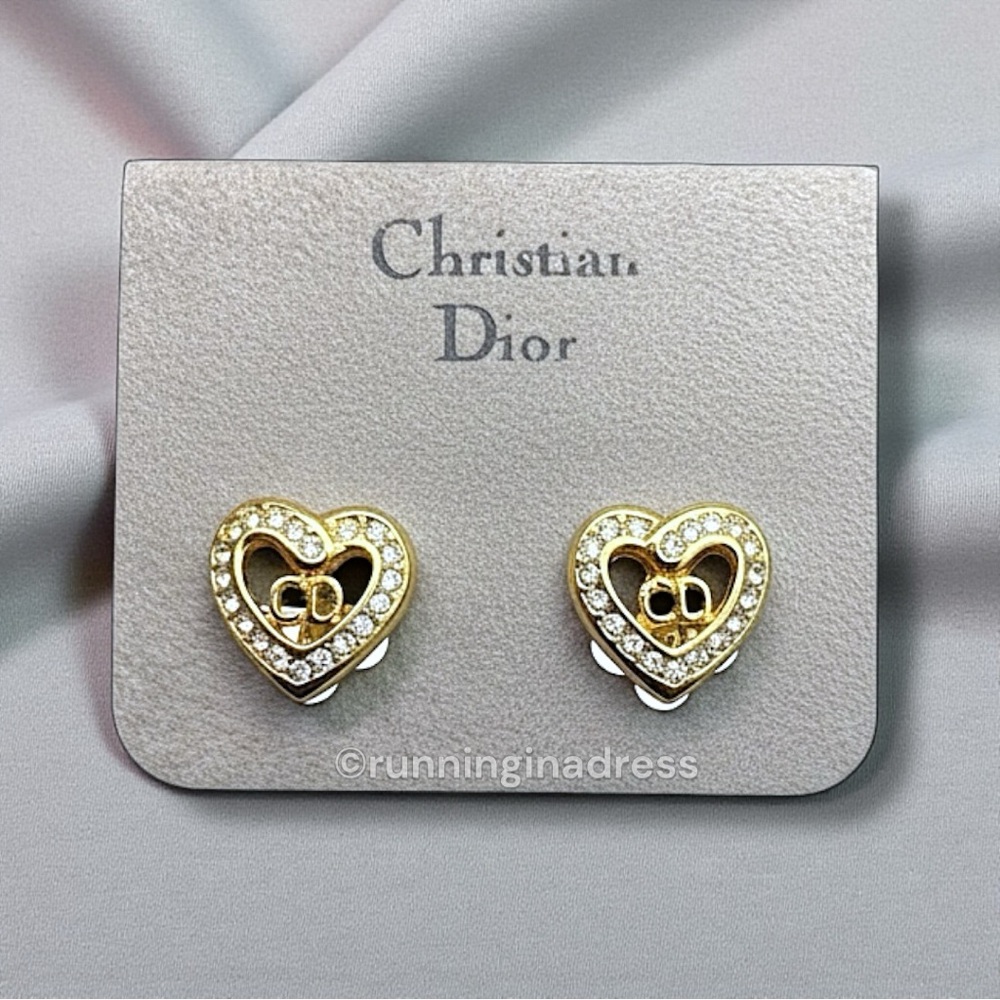 Vintage Christian Dior Gold CD Heart Crystal Earrings With Original Packaging